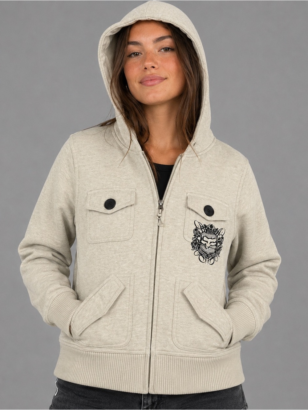 Fox Racing Women’s Small Full Zip Hoodie Jacket Cream Beige Graphic Y2K Moto
